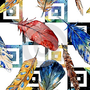 Watercolor bird feather from wing isolated. Seamless background pattern.