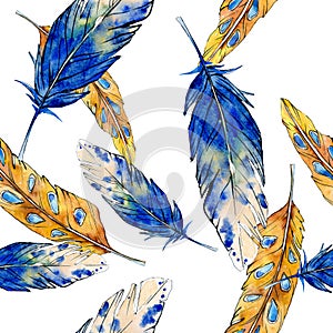 Watercolor bird feather from wing isolated. Seamless background pattern.