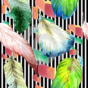 Watercolor bird feather from wing. Seamless background pattern. Fabric wallpaper print texture.