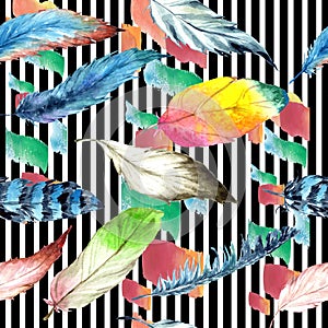 Watercolor bird feather from wing. Seamless background pattern. Fabric wallpaper print texture.