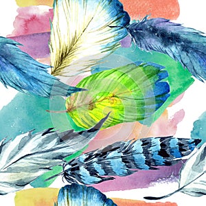 Watercolor bird feather from wing. Seamless background pattern. Fabric wallpaper print texture.