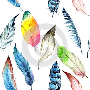 Watercolor bird feather from wing. Seamless background pattern. Fabric wallpaper print texture.