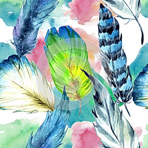 Watercolor bird feather from wing. Seamless background pattern. Fabric wallpaper print texture.