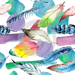 Watercolor bird feather from wing. Seamless background pattern. Fabric wallpaper print texture.