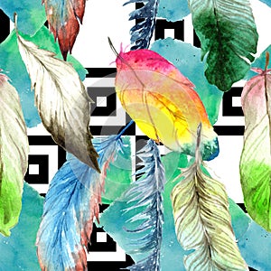 Watercolor bird feather from wing. Seamless background pattern. Fabric wallpaper print texture.