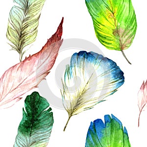 Watercolor bird feather from wing. Seamless background pattern. Fabric wallpaper print texture.