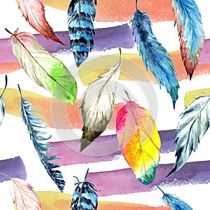 Watercolor bird feather from wing. Seamless background pattern. Fabric wallpaper print texture.