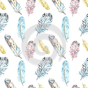 Watercolor bird feathers seamless pattern in pastel colors on white background. Hand drawn ethnic tribal illustration
