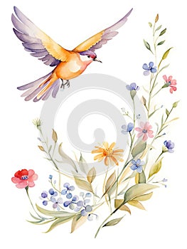 Watercolor bird with flowers. Hand painted illustration isolated