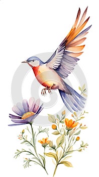 Watercolor bird with flowers. Hand painted illustration isolated