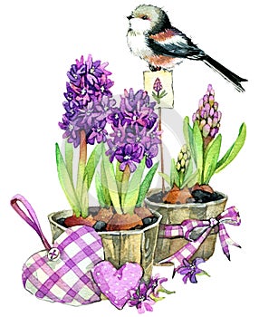 Watercolor Bird and Garden flowers background.