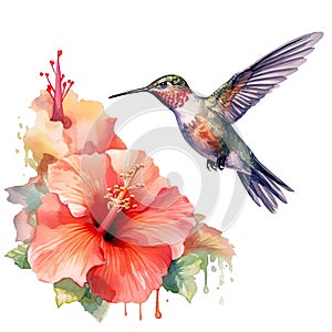 Watercolor Bird Hummingbird Flying Around the Fuchsia Flowers Summer Garden Illustration Set isolated on transparent