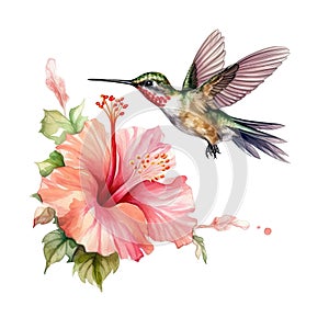 Watercolor Bird Hummingbird Flying Around the Fuchsia Flowers Summer Garden Illustration Set isolated on transparent