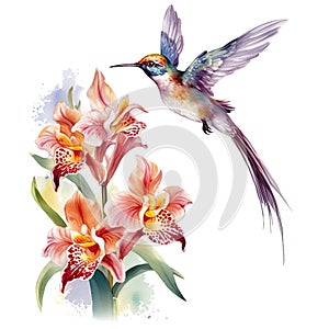 Watercolor Bird Hummingbird Flying Around the Fuchsia Flowers Summer Garden Illustration Set isolated on transparent