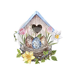 Watercolor bird nest with eggs, spring flowers, isolated on white background. Happy Easter illustration for cards
