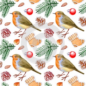 Watercolor of Bird robin, spruce branch, cookies and cones. Seamless pattern for greeting design