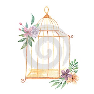 Watercolor Birdcage Royal Bouquet Flowers Purple Roses Floral Flowers Berries