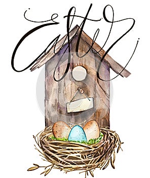 Watercolor birdhouse with bird nest with eggs. Word - Easter. Hand painted nesting box isolated on white background