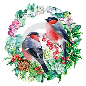 Watercolor birds, Christmas wreath with bullfinches, hand drawn on isolated white background