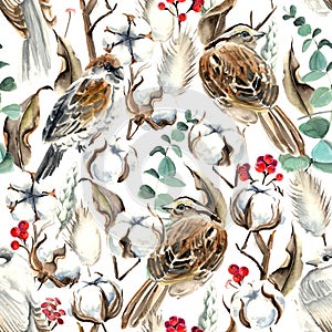 Watercolor Birds and Cotton Seamless Pattern