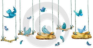 Watercolor birds, feathers, butterflies. Seamless banner, border background