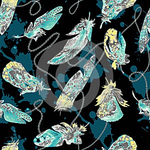 Watercolor birds feathers pattern. Seamless texture with hand drawn feathers on black background