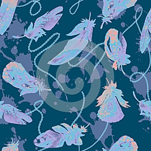 Watercolor birds feathers pattern. Seamless texture with hand drawn feathers on blue background