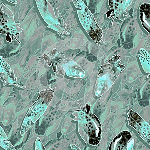 Watercolor birds feathers pattern. Seamless texture with hand drawn feathers on green background