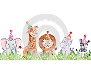 Watercolor birthday animals border isolated on white background