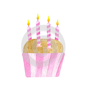 Watercolor Birthday cake with four candles. Hand drawn cute biscuit cupcake in pink paper liner. Dessert ilustration isolated on