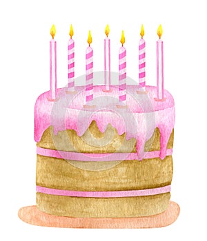 Watercolor Birthday cake with seven candles. Hand painted cute biscuit cake with pink glaze. Dessert ilustration isolated on white