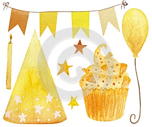 Watercolor birthday collection, cupcake, bithday hat, balloon, candle, garland isolated on white background.