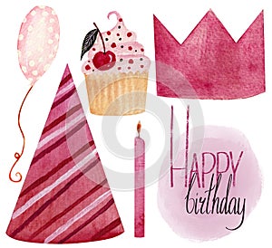 Watercolor birthday collection, cupcake with cherry, bithday hat, balloon, candle, raster lettering in pink colors