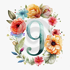 Watercolor birthday design with the number nine. Generative ai