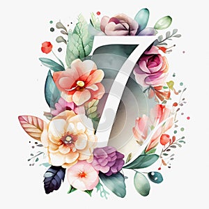 Watercolor birthday design with the number seven. Generative ai