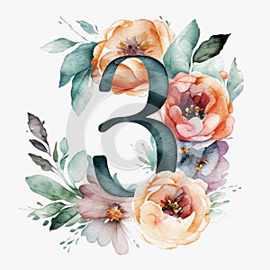 Watercolor birthday design with the number three. Generative ai