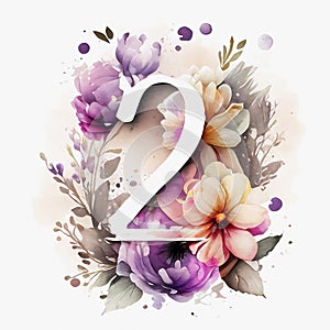 Watercolor birthday design with the number two. Generative ai