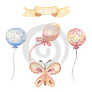 Watercolor birthday party set.Holidays elements - ribbons,frames,multicolored balloons, butterfly.cute nursery illustration