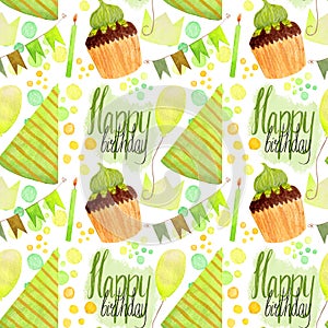 Watercolor birthday pattern, festive items, party hat, cupcake, lettering, candle, garand, dots on a white background.