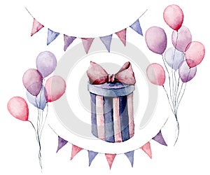 Watercolor birthday set. Hand painted gift box with ribbon, flag garlands, air balloons isolated on white background