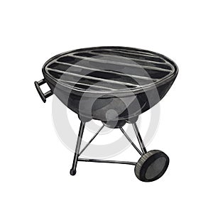 Watercolor black barbecue grill, kitchen tools for cooking bbq. Hand-drawn illustration isolated on white background