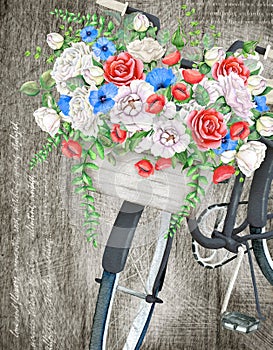 Watercolor black bicycle and flower basket