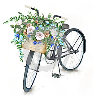 Watercolor black bicycle with flower basket