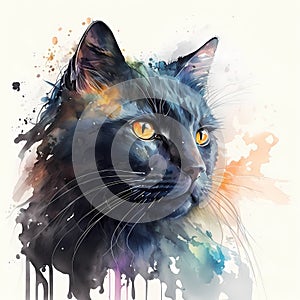 Watercolor black cat portrait, colorful painting. Realistic pet, animal illustration. Created with Generative AI technology