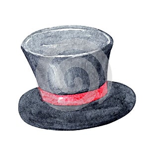 Watercolor black cylinder hat with red ribbon isolated on white