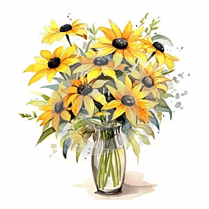 Watercolor Black Eyed Susan Bouquet In Vase - Photorealistic Floral Illustration