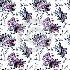 Watercolor black flowers and leaves seamless pattern isolated on white. Gothic floral print hand drawn. Dark botanical