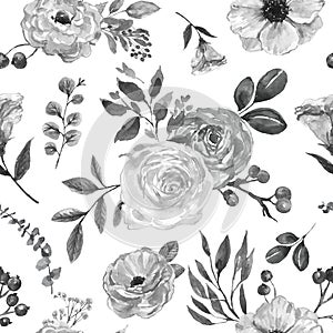 Watercolor black and white floral print. Monochrome flowers seamless pattern