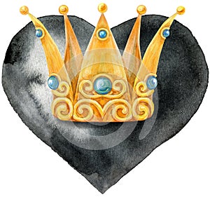 Watercolor black heart with golden crown