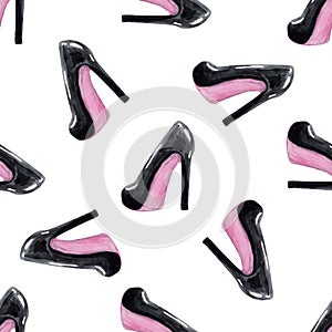 Watercolor black high heels shoes seamless pattern on white